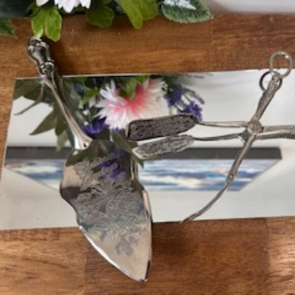 Vintage Silver Tone Cake Server and Ornate Pastry Tongs – Holiday Etched Christm - Picture 1 of 5